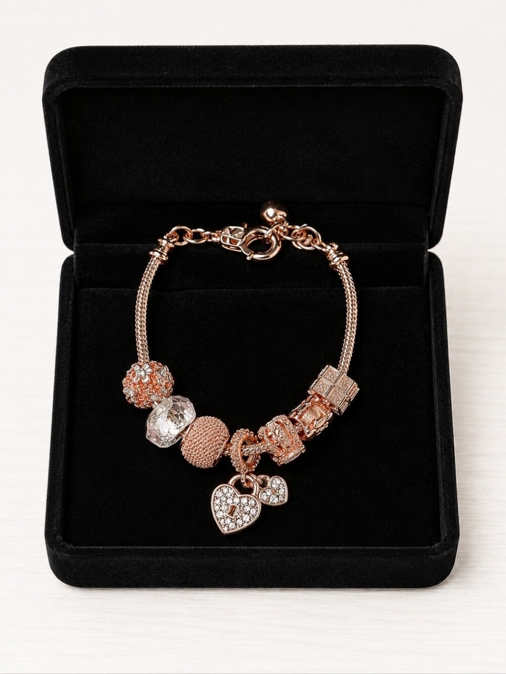 Rose Gold Bracelet Troll Charms Beads Rhinestone Heart Padlock Mesh Snake Chain